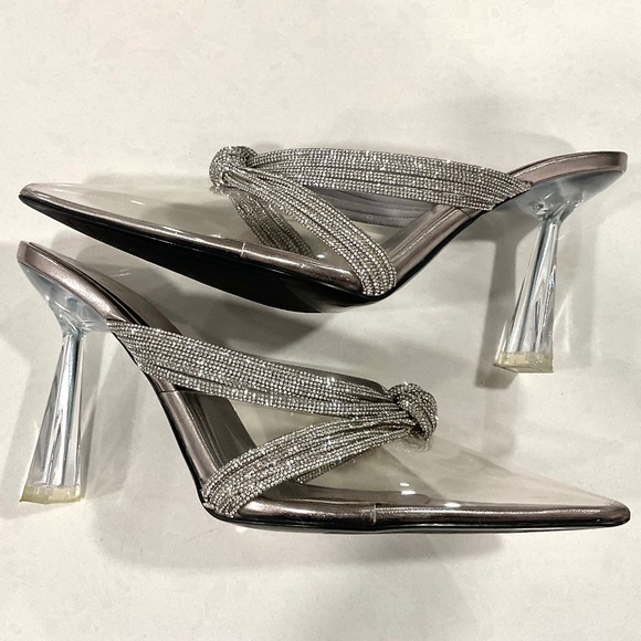 ZARA Heels Clear Sparkling Rhinestone Accent Straps Pointed Toe Size 9 - Picture 7 of 11